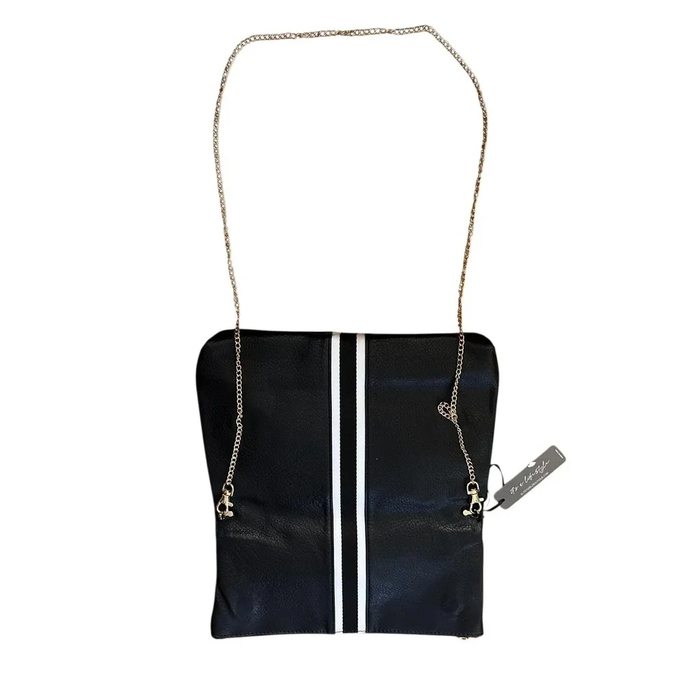 Glitzy Girlz Black Faux Leather Foldover Clutch Purse‎ with Gold Chain Strap